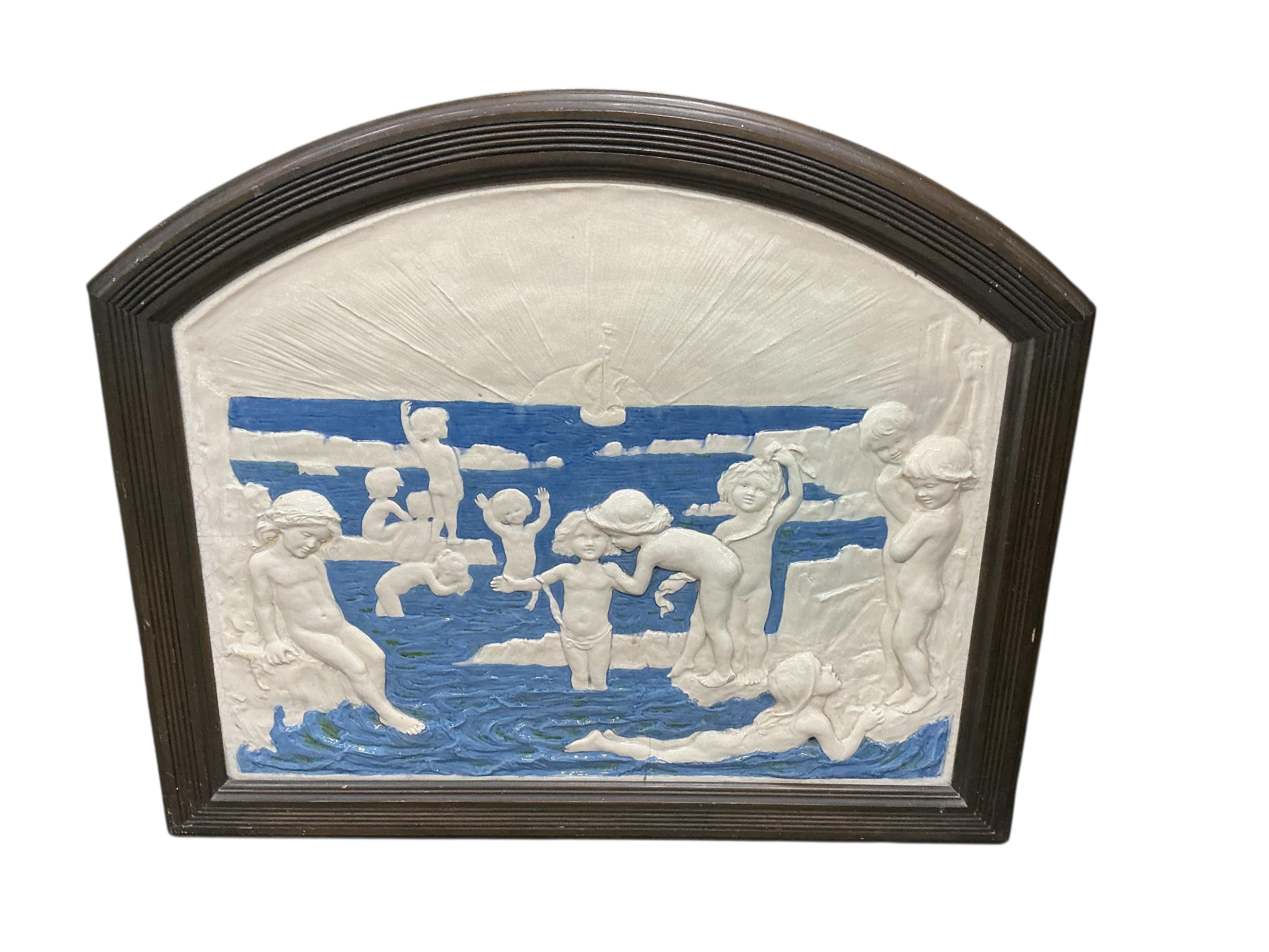 A Della Robbia glazed earthenware plaque designed by Ellen Mary Rope, width 90cm, height 78cm